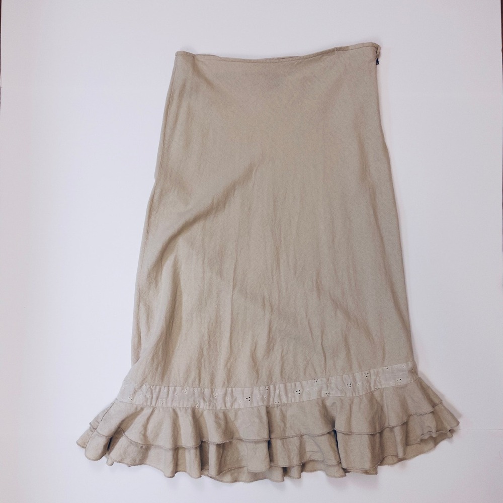 OuterEdge 100% Linen Ruffled Midi Skirt Beige Women's Size 7 Earthy Hippie Fairy